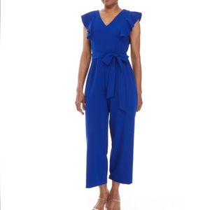 NWT T Tahari Flutter Sleeve Tie Waist Jumpsuit Cobalt Blue Size 8